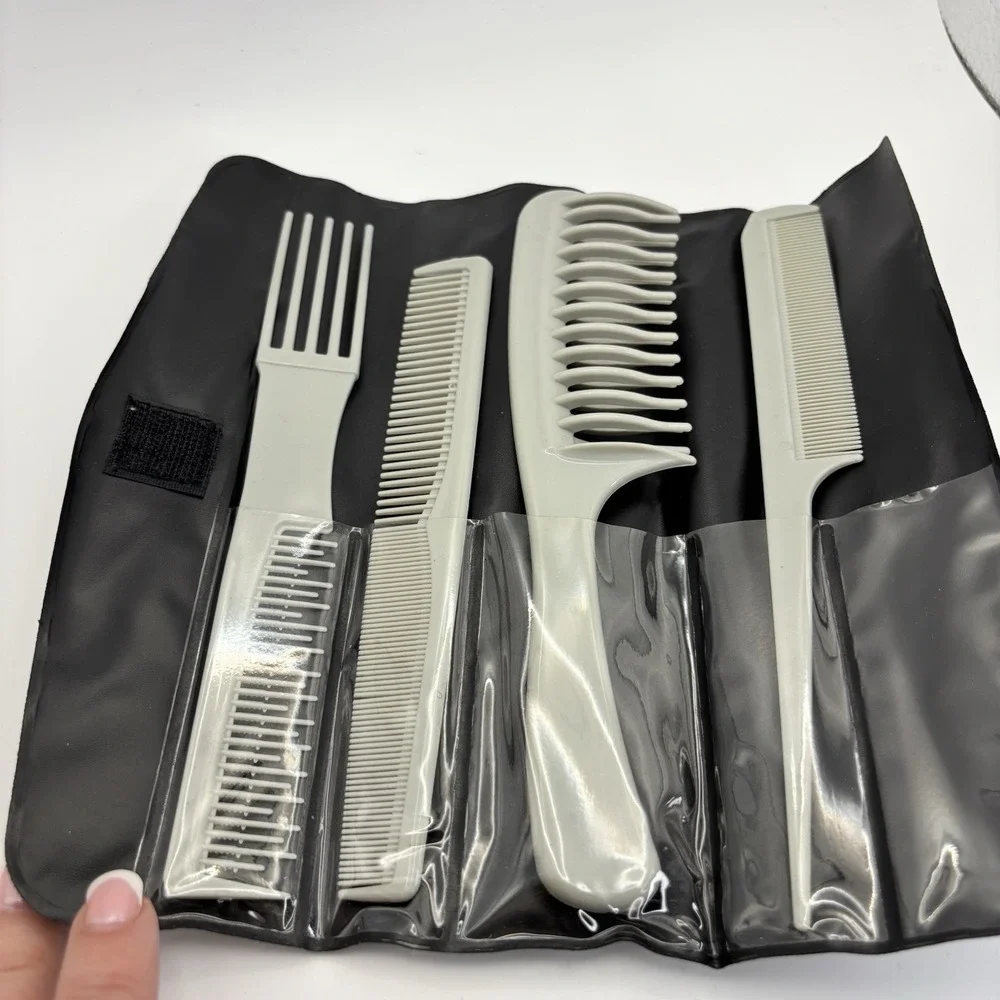 Vtg Burmax 6 pack Wide Tooth Combs Pick Large Hair Brush With Case